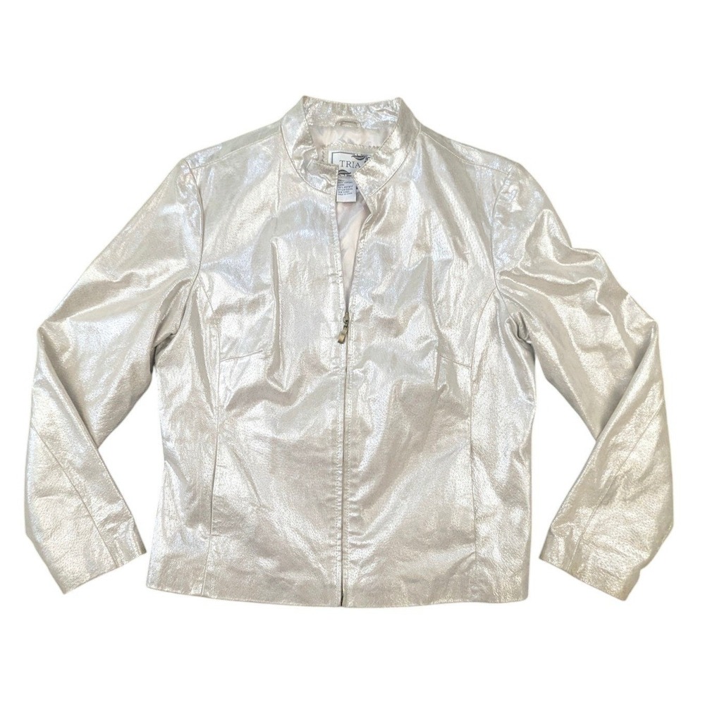 TRIA Womens Leather Jacket Silver Metallic Zip Front Mock Neck Size L Leather